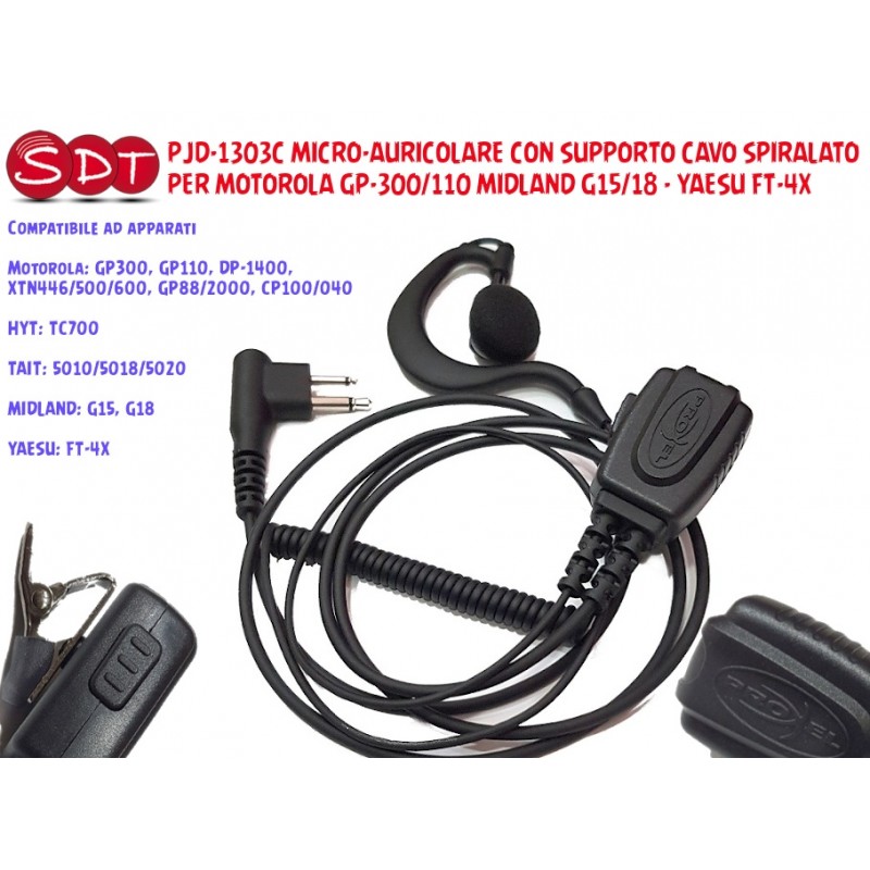 Micro-auricolare Con Tubo Acustico E Supporto Per Motorola GP-300/110, Midland G15/18, Yaesu FT-4X, Tait E Hytera