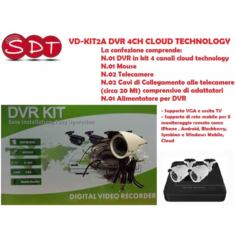 VD-KIT2A DVR 4CH CLOUD TECHNOLOGY + 2 TELECAMERE + CAVI + MOUSE