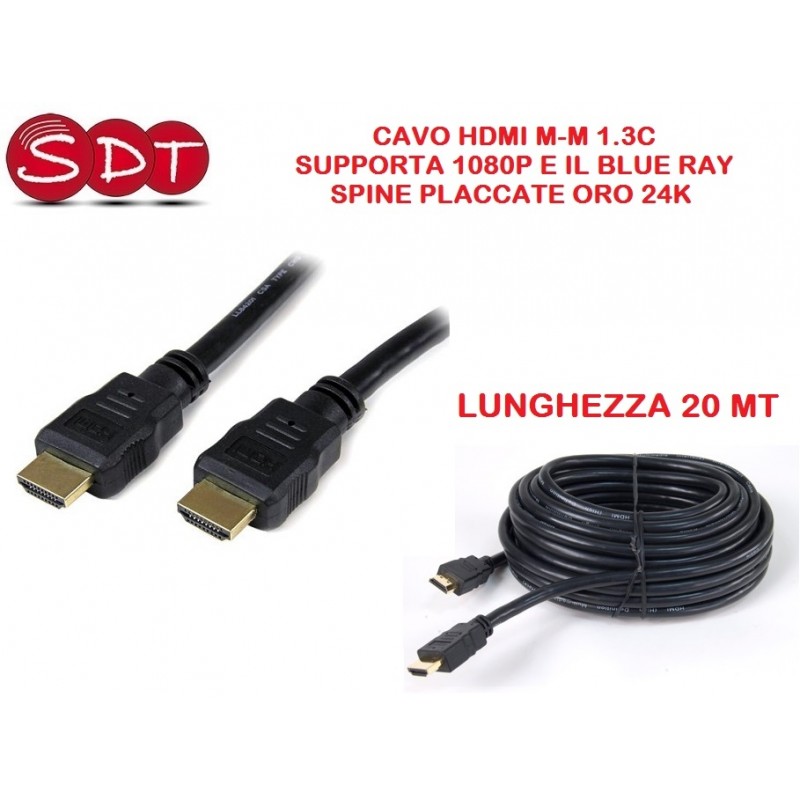 CAVO HDMI M-M 1.3C SUPPORTA 1080P E IL BLUE RAY LUNGHEZZA 20 MT SPINE PLACCATE ORO 24K
