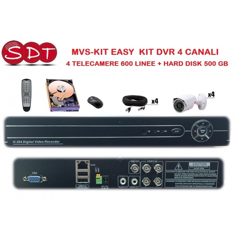 MVS-KIT EASY  KIT DVR 4 CANALI + 4 TELECAMERE 600 LINEE + HARD DISK 500 GB